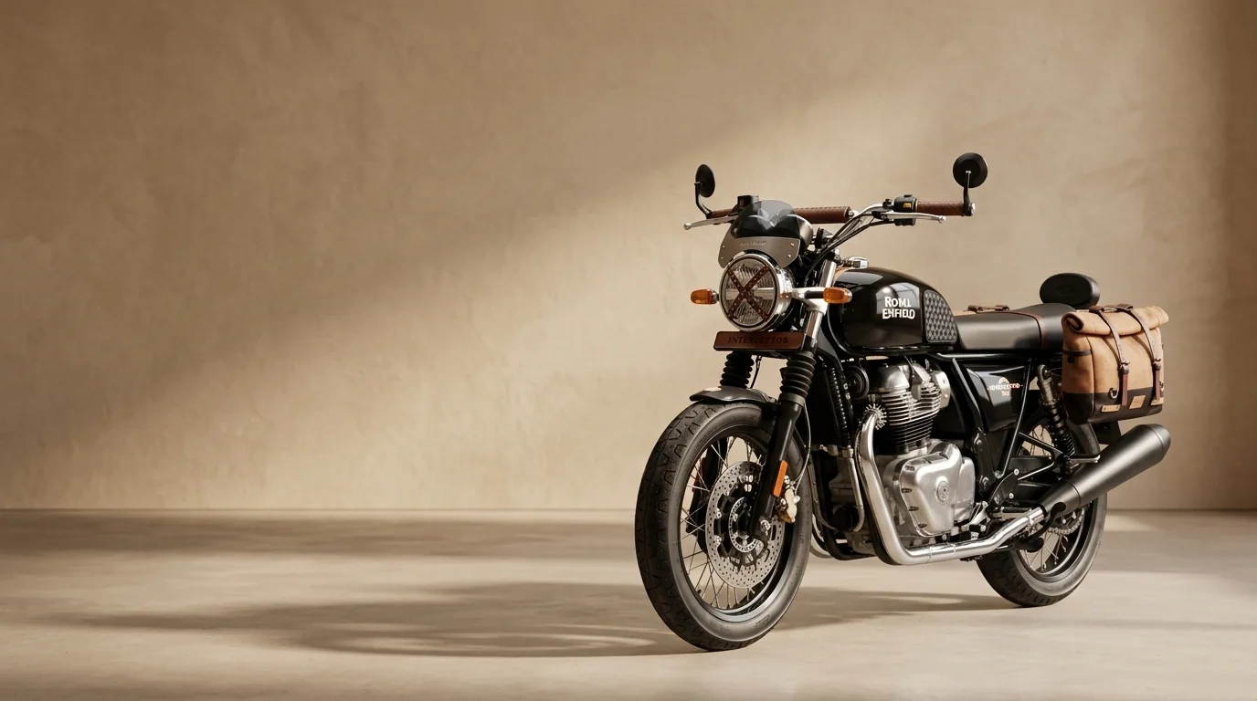 Handcrafted Tanners Pride leather accessories on classic motorcycle with light brown studio background